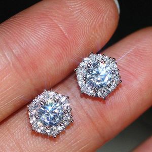 Unisex 2 CT 925 Sterling Silver Diamond Hexagon Pierced Stud Earrings